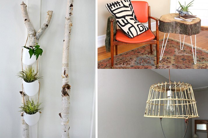 collage of hanging plant holder, tree stump end table, basket pendant light