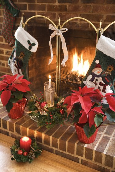 Christmas stockings over fireplace
