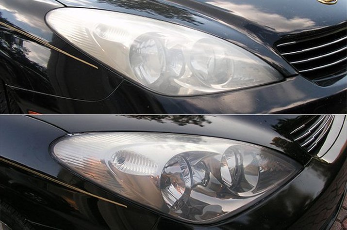 Car headlights before and after cleaning