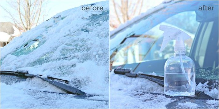 Before: ice; after: no ice on car windshield