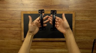Front-mounting cabinet pulls for DIY chalkboard serving tray.