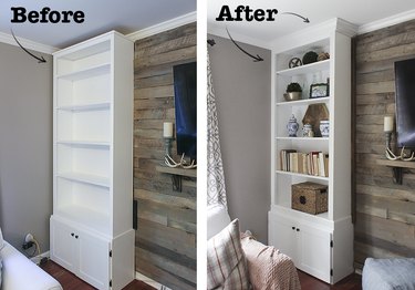 Prefab bookcase before and after \'built-in\' treatment