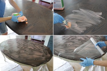 Applying stripping gel and plastic wrap to table