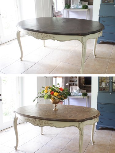 Before and after of refinished dining table
