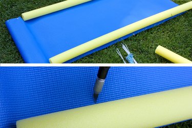 Lay the pool noodle along the length of the yoga mat and create five holes along the edge os the noodles on each side.